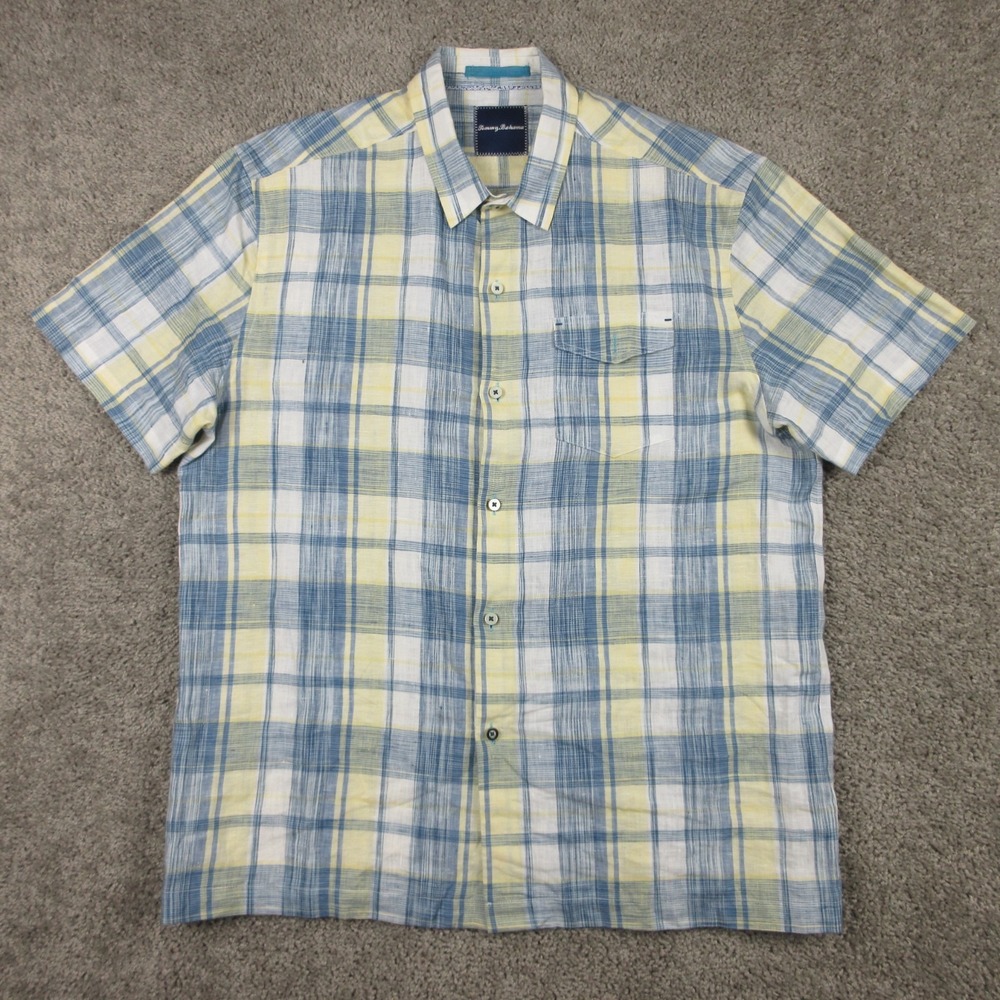 Tommy Bahama Shirt Mens Large Blue Yellow Plaid Linen Short Sleeve Button Up